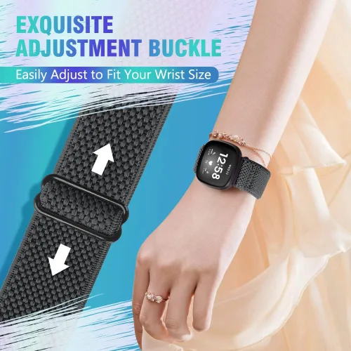 Vista 3 de Paquete de 3 correas elásticas de nailon compatibles con Fitbit Versa 4/Versa 3/Sense 2/Sense, suave, ajustable, transpirable, correas de repuesto