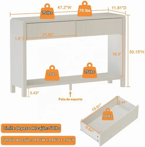 Vista 3 de FATORRI Mesa consola de entrada con 2 cajones, moderna mesa de sofá para sala de estar, mesas de sofá detrás del sofá y mesas de pasillo