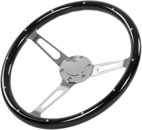 Vista 5 de Volante retro, 14.961 in 15 pulgadas, montaje clásico de volante de nogal agarre de 3 radios remachado 6 agujeros modificación universal (negro)