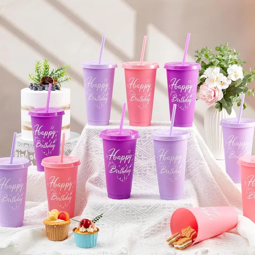 Vista 4 de Uiifan 30 vasos de cumpleaños a granel con tapas y pajitas, vasos reutilizables de color morado y rosa para regalos de fiesta, regalos de devolución