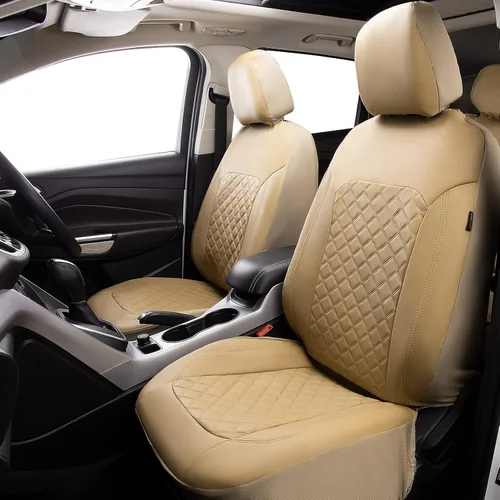 Vista 2 de Flying Banner - Fundas para asientos de coche, cuero sintético, resistentes, para banco trasero, juego completo, impermeables, ajuste universal Beige