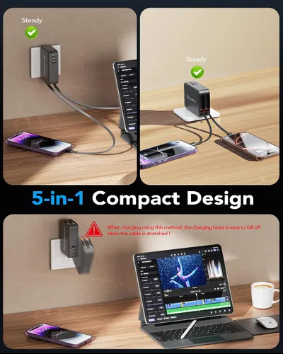 Vista 6 de 65W para cargador MacBook Pro, enchufe de pared retráctil de 5 en 1 para iPhone 17, cable PD USB C de 1,2 m de doble longitud y 3 puertos, bloque