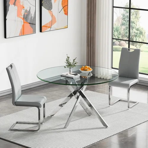 Vista 40 de HomVent Juego de mesa de comedor redonda de vidrio de 3 piezas, juego de mesa de cocina de vidrio redondo para 2 personas con 2 sillas de comedor