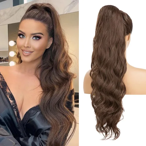 Vista 17 de Extensiones de cabello sintético ondulado con cordón para cola de caballo de 26 pulgadas, para mujer, castaño medio ceniza, rubio ceniza