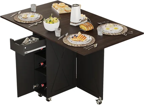 Vista 12 de 3imothrix Mesa de comedor plegable, mesa de comedor con cajón y almacenamiento y estantes, mesa de comedor que ahorra espacio con 6 ruedas, mesa