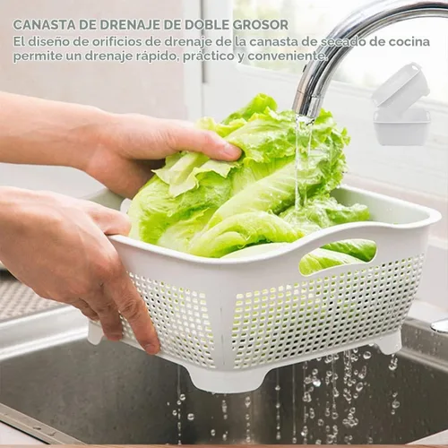 Vista 6 de Cesta de drenaje de doble capa, cesta de plástico para lavar frutas, verduras, cesta de almacenamiento de alimentos, fregadero apilable de verduras