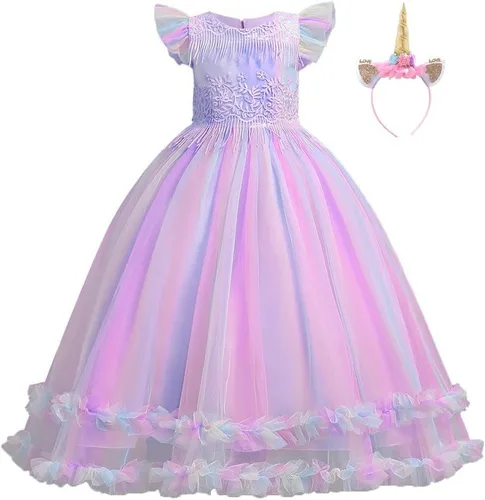 Vista 8 de Vestido de cumpleaños de princesa arcoíris de unicornio para niñas, disfraz de carnaval, fiesta de Navidad, vestido largo con diadema C002 Rainbow