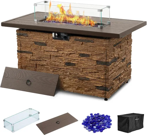 Vista 10 de Mesa de Hoguera de Propano PIZZELLO de 43 Pulgadas al Aire Libre, Mesa de Fuego Rectangular de Piedra para Exteriores, Mesa de Hoguera de 50,000 BTU
