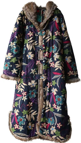 Vista 2 de LZJN - Abrigo cálido para mujer, con estampado floral, chaqueta larga de algodón y lino, vintage, con capucha, acolchado para invierno