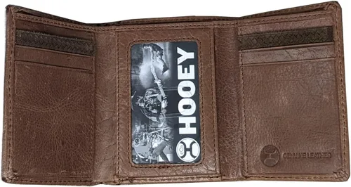 Vista 2 de HOOEY Cartera de cuero triple plegable para hombre Tejido de cesta marrón