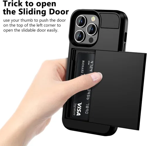 Vista 3 de Vofolen - Funda para iPhone 15 Pro con tarjetero, color negro Dual Layer Shockproof Wallet Phone Case, Hidden Card Slot Sliding Protective Hard