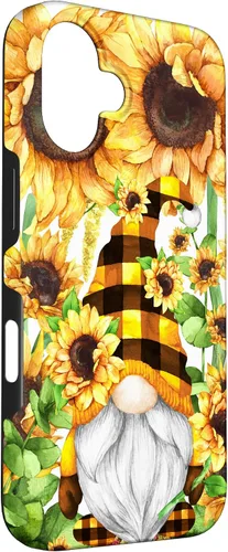 Vista 3 de iPhone 16 Gnomo de girasol con sombrero de cuadros de búfalo para niñas de moda lindo caso