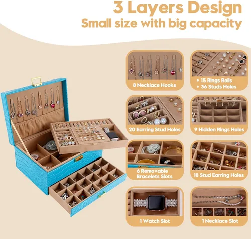 Vista 2 de Gifturbo Caja organizadora de joyas para mujeres y niñas, cajas de joyería de piel sintética azul, 3 capas de joyería, caja de regalo para pulseras