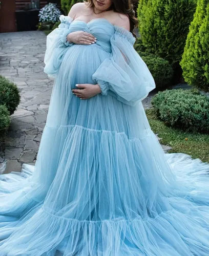 Vista 2 de Vestido de maternidad de tul hinchado para sesión de fotos, batas de manga larga, hombros descubiertos, lencería transparente, vestidos de baby