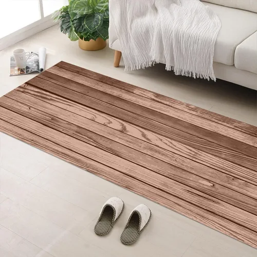 Vista 17 de GUBIYU Juego de 2 alfombras y tapetes de cocina de madera campestre, lavables, rústicas, tablones de madera marrón, alfombras de baño