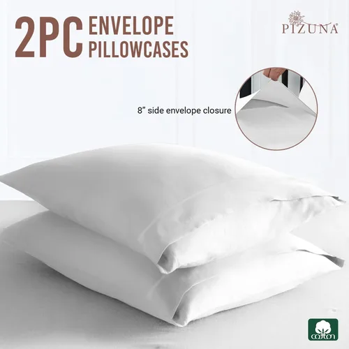 Vista 3 de Pizuna Juego de 2 fundas de almohada de 100 % algodón puro, tamaño estándar, color blanco, lujosas fundas de almohada de 400 hilos de satén
