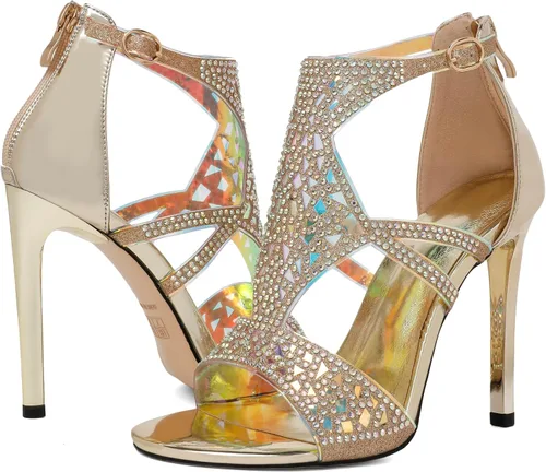 Vista 4 de Zamikoo Sandalias de tacón para mujer, puntera abierta, tacones de diamantes de imitación, tacones de gladiador recortados, tacones de aguja