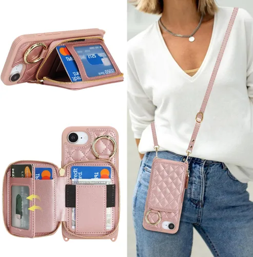 Vista 8 de Funda tipo cartera para iPhone 17e/16e, diseño de leopardo negro Funda de piel sintética con cremallera para bolso, funda con función atril