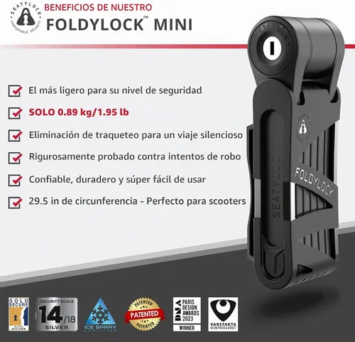 Vista 2 de Seatylock FoldyLock Mini Candado Plegable para Bicicleta - Candado de Bicicleta Ligero Patentado de Servicio Pesado - Protector Antirrobo con Llave