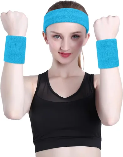Vista 108 de ONUPGO - Conjunto de diadema y muñequeras deportivas para el sudor, hechas de algodón con bucles, muñequeras, contra humedad