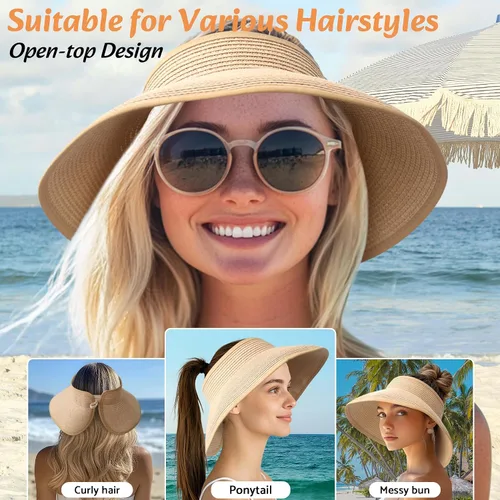 Vista 3 de NPQQUAN Sun Visor Hats for Women Wide Brim Ponytail Straw Beach Hat Packable Foldable UPF 50+ Floppy Travel Hats