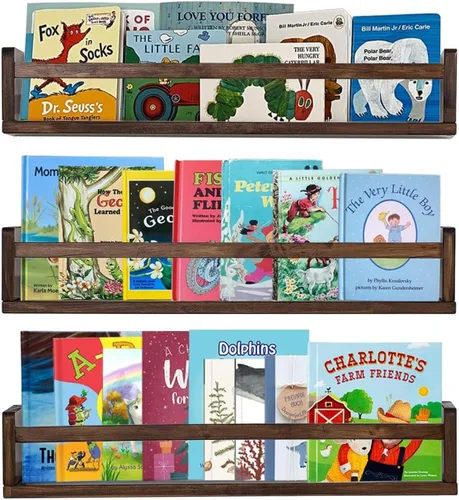 Vista 21 de AZSKY Estantes clásicos para libros de guardería, estantes flotantes de madera negra, estantería de pared para decoración de baño, cocina, especias