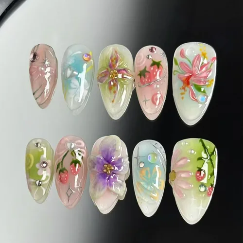 Vista 20 de Uñas postizas cortas en forma de almendra SWEKKE con punta francesa, uñas falsas con diseños de flores 3D en amarillo y rosa, uñas adhesivas