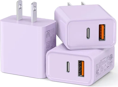Vista 12 de Paquete de 3 cargadores de pared USB C, adaptador de corriente QC+PD 3.0 de doble puerto de 20 W, bloque de carga de doble enchufe rápido para Azul