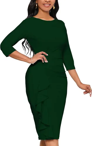 Vista 4 de Yajedo - Vestidos de iglesia para mujer, diseño clásico de manga 34, entallado, con volantes, vestido tubo de largo por debajo de la rodilla
