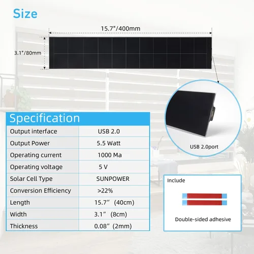 Vista 3 de Panel solar USB de 5 V, cargador solar para persianas de ventanas, persianas enrollables, persianas motorizadas, puerto USB, panel solar de alta