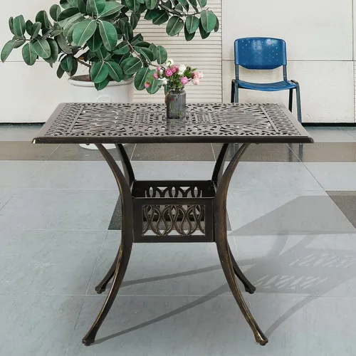 Vista 15 de Mesa de comedor al aire libre de 30.5 pulgadas, cuadrada, para patio, mesa de bistró, de aluminio fundido de bronce, mesa grande rústica con agujero
