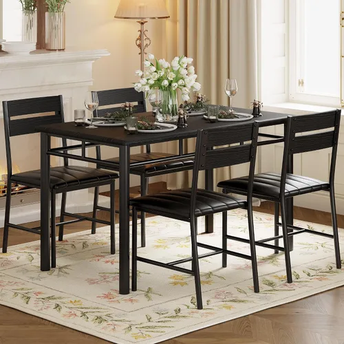 Vista 9 de Juego de mesa de comedor IRONCK para 4, mesa de cocina de madera con sillas tapizadas para cocina y comedor, juego de comedor compacto para espacios