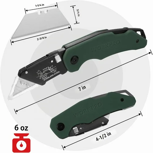 Vista 6 de WORKPRO Cuchillo utilitario plegable G10 mango con cabeza de acero inoxidable, hoja de cambio rápido y bloqueo trasero, cortador de caja resistente