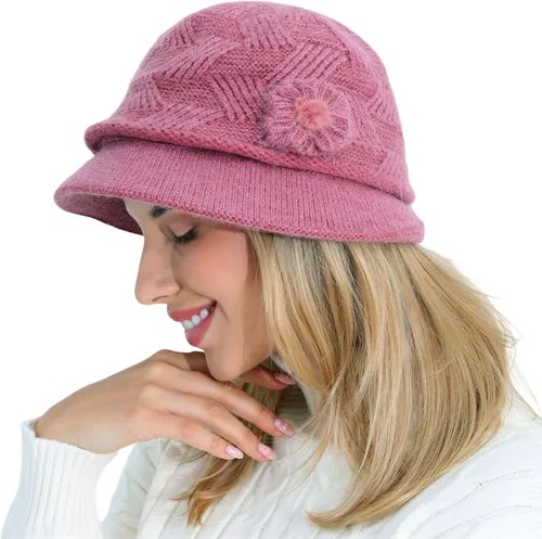 Vista 99 de C-US - Gorro de punto cálido para mujer, con visera de ganchillo con acento de flores