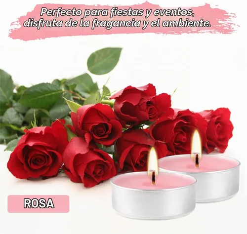 Vista 4 de Velas aromáticas de rosa rosa, paquete de 100 velas votivas gigantes a granel, juego de velas de té sin humo para el día de San Valentín