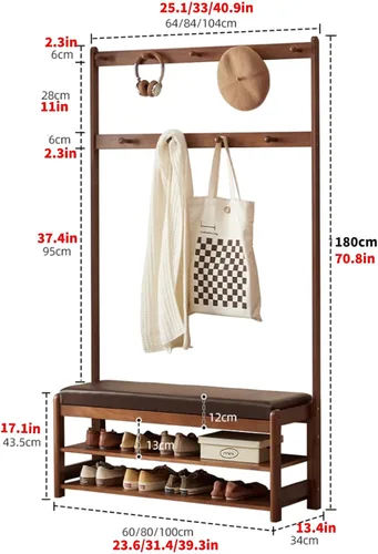 Vista 2 de 3in 1 Entryway Organizer with Coat Hooks and Shoe Storage Bench, Freestanding Coat Rack Space-Saving Solution for Mudroom, Foyer, and Home