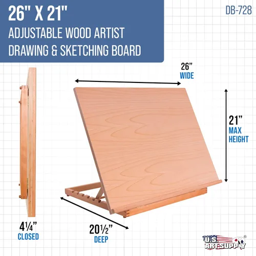 Vista 2 de U.S. Art Supply Tablero de dibujo de madera extragrande de 26" x 21", caballete de mesa ajustable para pintar y dibujar - Tablero de dibujo