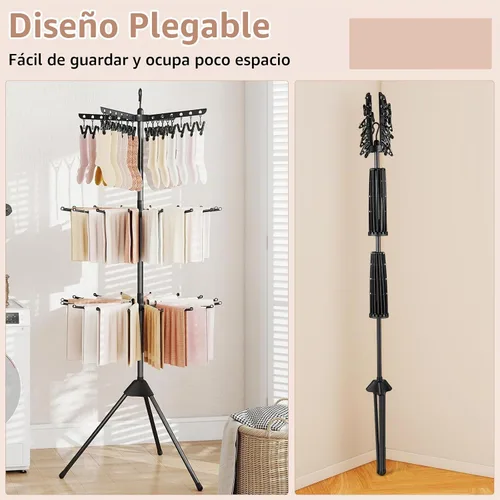 Vista 8 de Giantex Trípode de secado de ropa, estante de secado de ropa plegable independiente de 3 niveles con 24 clips y 32 varillas, soporte de secado