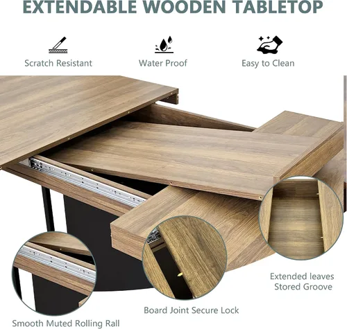 Vista 3 de Juego de mesa de comedor de 5 piezas con 4 sillas tapizadas, juego de mesa rectangular extensible para 4, juego de comedor retro para cocina y Mesa
