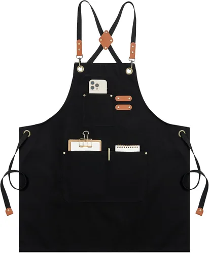 Vista 11 de Syntus Delantal de chef para hombres y mujeres, delantal de cocina con bolsillos, delantales ajustables resistentes a las manchas Negro
