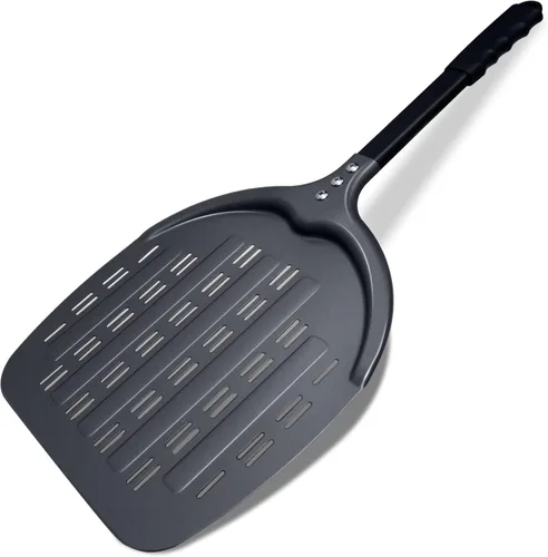 Vista 8 de Paleta de pizza profesional de aluminio, perforada de 12 pulgadas, grado de restaurante, mango largo, antiadherente, cáscara de pizza de metal