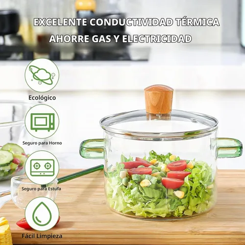 Vista 4 de Olla de cocina de vidrio de 2 L, 68 oz/67.6 fl oz Resistente al calor, sin BPA, fácil limpieza, seguro para horno, lavavajillas, estufa de gas