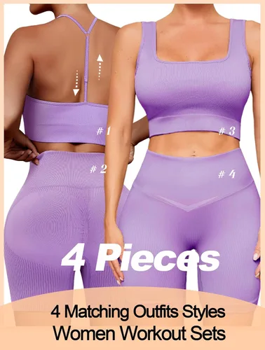 Vista 2 de Conjuntos de entrenamiento para mujer, 4 piezas, sin costuras, espalda descubierta, brasier deportivo, cintura alta, corto, yoga, gimnasio, conjunto