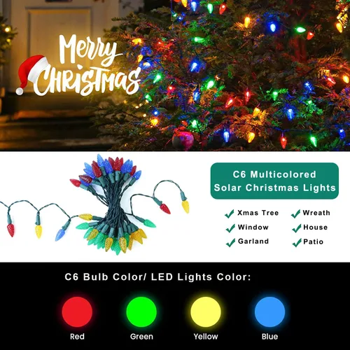 Vista 8 de HUGSVIK - Cadena de luces solares de Navidad de 39 pies, 100 LED, 8 modos, luces C6 de fresa, luces impermeables para exterior, para árbol