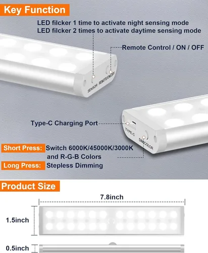 Vista 7 de Luces inalámbricas para debajo del gabinete, 58 luces LED recargables con sensor de movimiento con control remoto, luces RGB que cambian