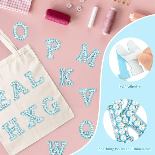 Vista 3 de Morcheiong 26 piezas de parches de letras con diamantes de imitación de perlas autoadhesivas A-Z, parches de letras de perlas para pegar en ropa