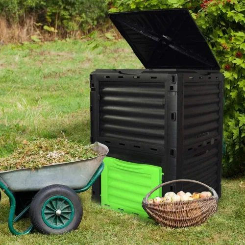 Vista 6 de Contenedor de compostaje estático de gran capacidad de 80 galones (300 litros), compostador de residuos verde bosque para exteriores con escotilla