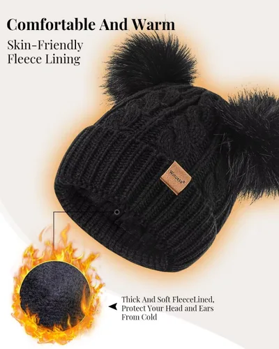 Vista 5 de Conjunto de gorro, bufanda y guantes de invierno para mujer, gorro con forro polar con doble pompón, guantes para pantalla táctil, bufanda de punto