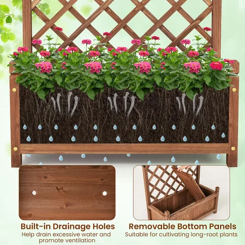 Vista 8 de Giantex Cama de jardín elevada con enrejado, contenedor de madera de 60 pulgadas con agujeros de drenaje, enrejado alto para colgar macetas