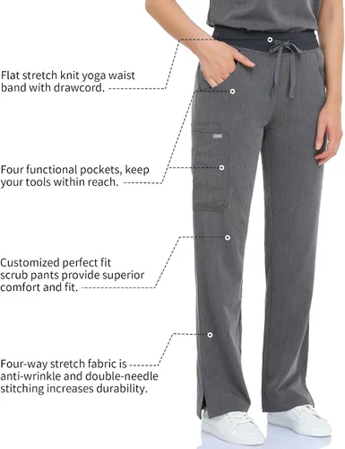 Vista 6 de COMENII Pantalones médicos para mujer, pantalones de tiro medio de pierna recta con cintura de yoga de punto, pantalones quirúrgicos antiarrugas